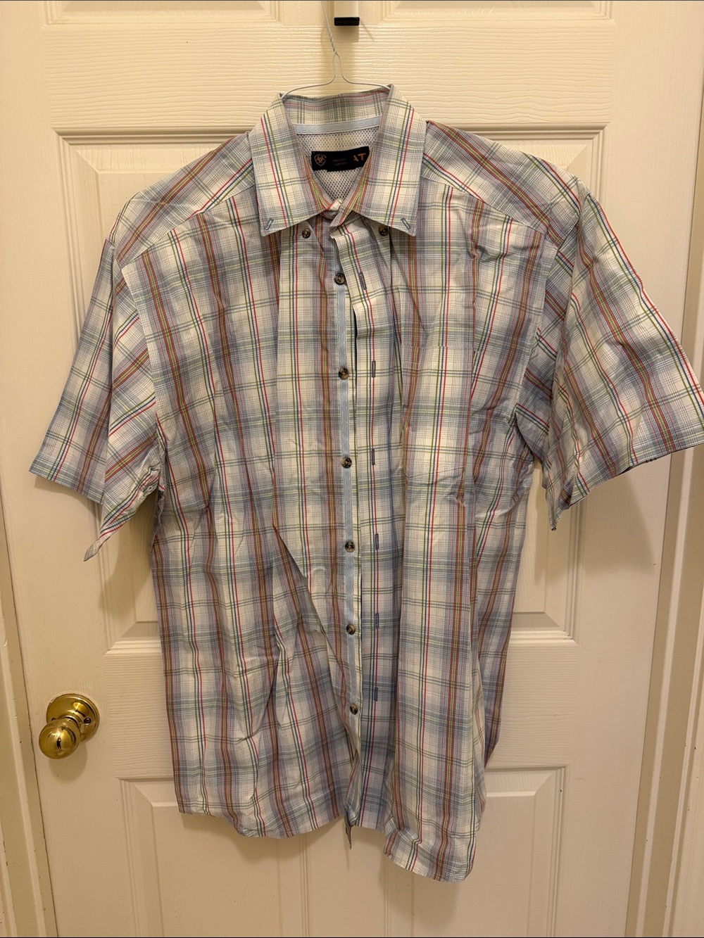 Ariat Short-Sleeve Plaid Button-Down Shirt in Light Blue and Multicolor Stripes